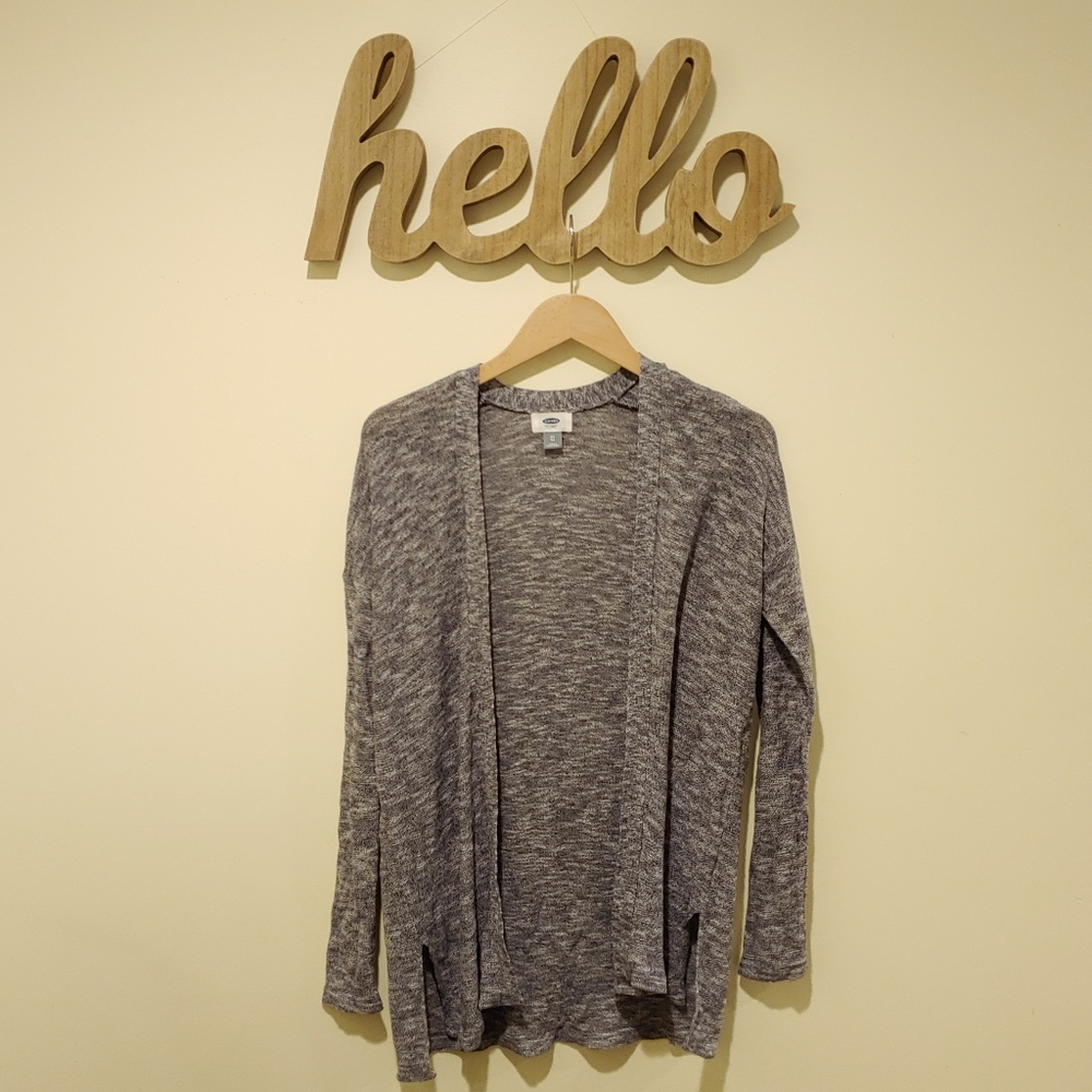 Long Marled Blue/White Open Cardigan (XS)